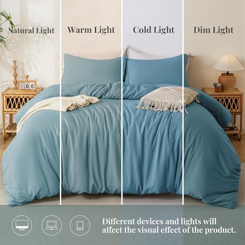 Image of MILDLY Duvet Cover Full Ultra Soft Comforter Cover Set 3pcs, Blue | Washed Microfiber Cotton-Like, Breathable Comfort, Hidden Zipper, Corner Ties, OEKO-TEX Certified, Fade Resistant