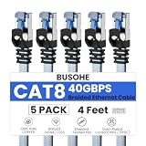 BUSOHE Cat 8 Ethernet Cable 4 FT 5 Pack, Nylon Braided High Speed Heavy Duty Network LAN Patch Cord, 40Gbps 2000Mhz SFTP Shielded RJ45 Flat Internet Cable for TV/PC/Router, in Wall, Indoor, Outdoor