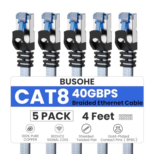 BUSOHE Cat 8 Ethernet Cable 4 FT 5 Pack, Nylon Braided High Speed Heavy Duty Network LAN Patch Cord, 40Gbps 2000Mhz SFTP Shielded RJ45 Flat Internet Cable for TV/PC/Router, in Wall, Indoor, Outdoor