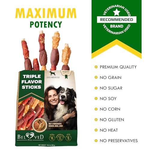 Dog Treats Triple Flavor Rawhide Sticks 11 oz - Duck & Chicken Human Grade Meat - Natural Pet Dried Snacks - Grain Free Long Lasting Chews for Large & Small Dogs - Best Sticks for Healthy Teeth