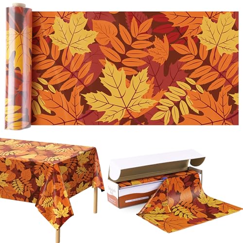 Image of Kochorie 100 Ft x 54 Inch Fall Leaf Tablecloth Roll with Cutter Box Disposable Fall Thanksgiving Plastic Table Cover Backdrop Cut to Size Maple Leaves Table Cloth Roll for Autumn Party Decorations