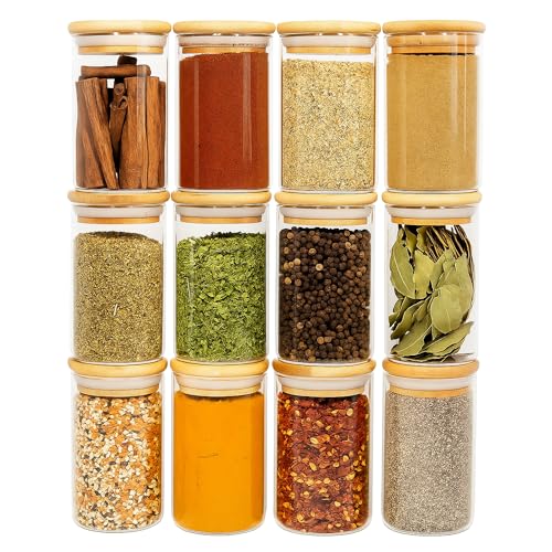 SAVVY & SORTED 12 Natural Bamboo Spice Jars - 8.5oz Large Glass Jars with Bamboo Lids - Seasoning Jar with Airtight Lids, Containers Herb Spice Rack Kitchen Organization