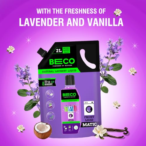 Image of Beco Natural Liquid Detergent Front Load - 2L Refill Pack | Tough Stain Removal | Lavender & Vanilla Freshness | Retains Brightness & Shine | Chemical Free | Front Load Washing Machine Liquid
