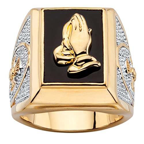 PalmBeach Men's Yellow Gold-Plated Rectangular Shaped Black Onyx Praying Hands or Textured Cross Ring Size 12