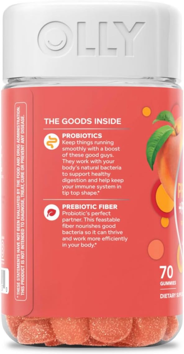 OLLY Probiotic + Prebiotic Gummy, Digestive Support and Gut Health, 500 Million CFUs, Fiber, Adult Chewable Supplement for Men and Women, Peach, 70ct