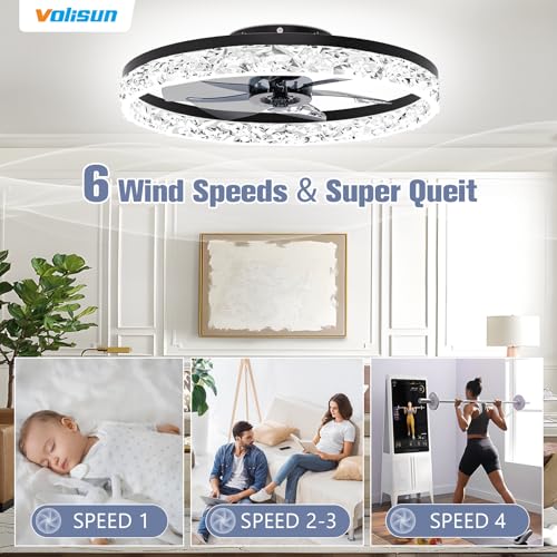 Image of VOLISUN Fandelier Ceiling Fans with Light, 23.6in Low Profile Ceiling Fan with Light and Remote, 3000K-6500K Dimmable Bladeless Ceiling Fan Flush Mount, Black Modern Ceiling Fan with Light for Bedroom