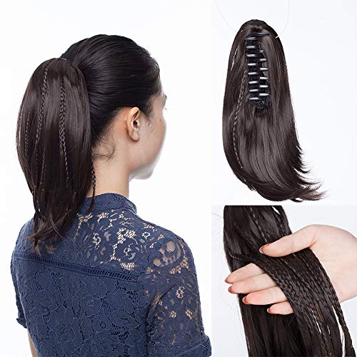 SEGO Postiche Queue de Cheval Fausse Cheveux Synthetique Fibre Ponytail Extension Sans Clip Meche - [Pince Tresse] 28 CM Marron Foncé 11 pouce - Court Raide Lisse