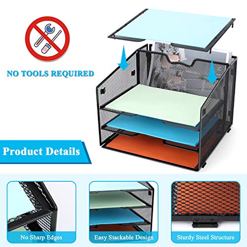 Mesh Office Supplies Desk Organizer,Meshist Metal Desktop Document Holder Organizer With 4 Letter Paper Tray And 1 Vertical Section,Black #TOP3