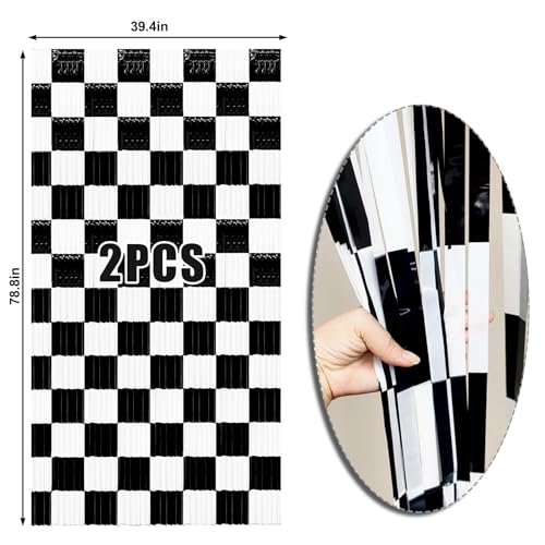Image of 2 Packs Race Car Foil Fringe Curtain, Black White Checkered Glitter Metallic Tinsel Backdrop for Birthday, Baby Shower, Racing Car Truck One Happy Dude Party Decorations Supplies