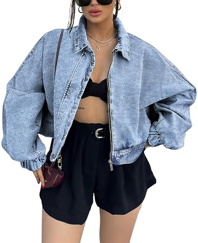 Qazel Vorrlon Womens Oversized Cropped Denim Jacket Zip Up Light Wash Blue Bomber Shacket Jean Jacket for Women Trendy 2025
