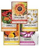 Gardeners Basics, Flower Garden Seeds for Planting Outdoors Flower Seeds (5 Variety Pack) Daisy, Marigold, Cosmos, Sunflower, Zinnia Varieties for Bees, Pollinators Wildflower Seed