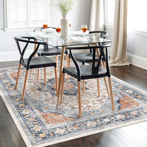 vivorug 3x5 Rug, Boho Small Area Rug for Living Room, Bedroom, Kitchen, Machine Washable Non-Slip Throw Rug, Vintage Floral Carpet for Entryway Nursery Coffee Table - Durable (Orange/Navy)