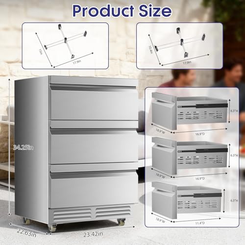 Image of Tylza 3 Drawers Beverage Refrigerator, 190 Cans 24'' Beverage Fridge with Wheels, Outdoor Waterproof, All Stainless Steel Body, Undercounter or Freestanding, Drink Fridge for Home, Patio & Commercial