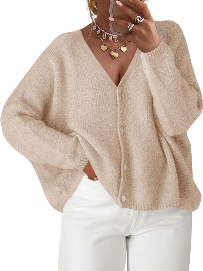 Womens Oversized Cardigans Long Lantern Sleeve Button Down Chunky Knit Loose Fall Sweater Coats