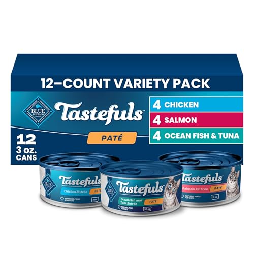 Blue Buffalo Tastefuls Wet Cat Food Pat Variety Pack (Chicken Salmon Ocean Fish & Tuna) for Adult Cats Made with Natural Ingredients 3-oz. Each (12 Cans)