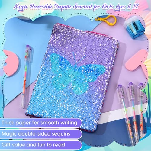 Image of Outus 4 Pcs Sequin Girls Journal Valentines Journal Gift with Color Gel Ink Pens Glitter Notebook Flip Writing Diary for Kids Girl Writing Drawing Travel Gifts(Gradient Blue,Butterfly)