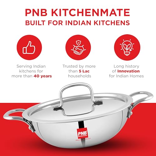 Image of PNB Kitchenmate Extra deep kadai triply- 3.7 Liter| Induction Compatible triply kadai with lid | Stainless Steel cookware | Try ply cookware for Indian Cooking | Dishwasher Safe| 5 Year Warranty