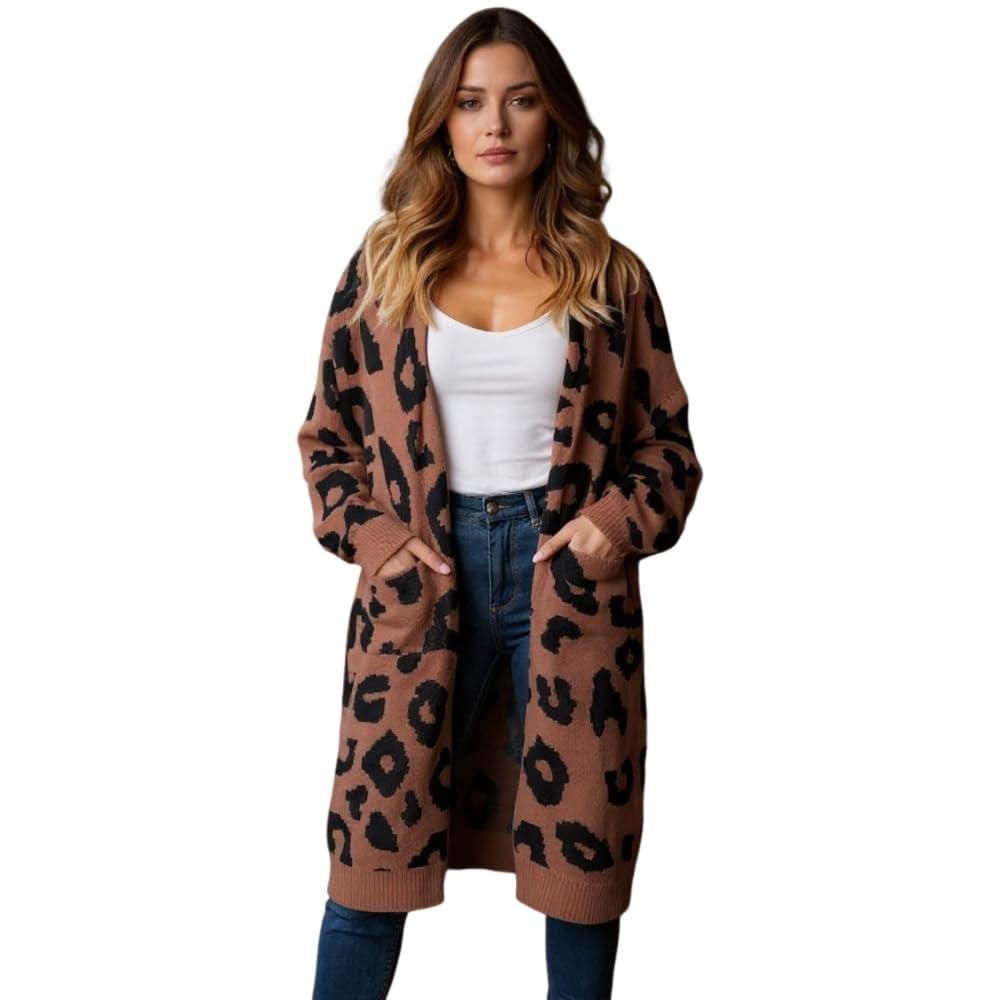 Womens Fall Winter Leopard Floral Knit Long Cardigan Sweater with Pocket Casual Fit Long Sleeve Long Duster for