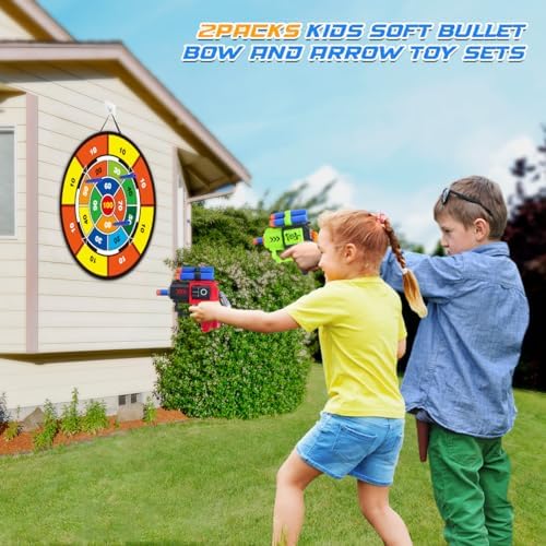 VATOS 2PCS Kids Bow and Arrow - 3 In 1 LED Archery Set for Kids 5-7, Standing Target & Sticky Target, 2 Toy Guns Dartboard Target, Indoor Outdoor Toys Gifts for Boys Girls Ages 3 4 5 6 7 8 9 10 11 12