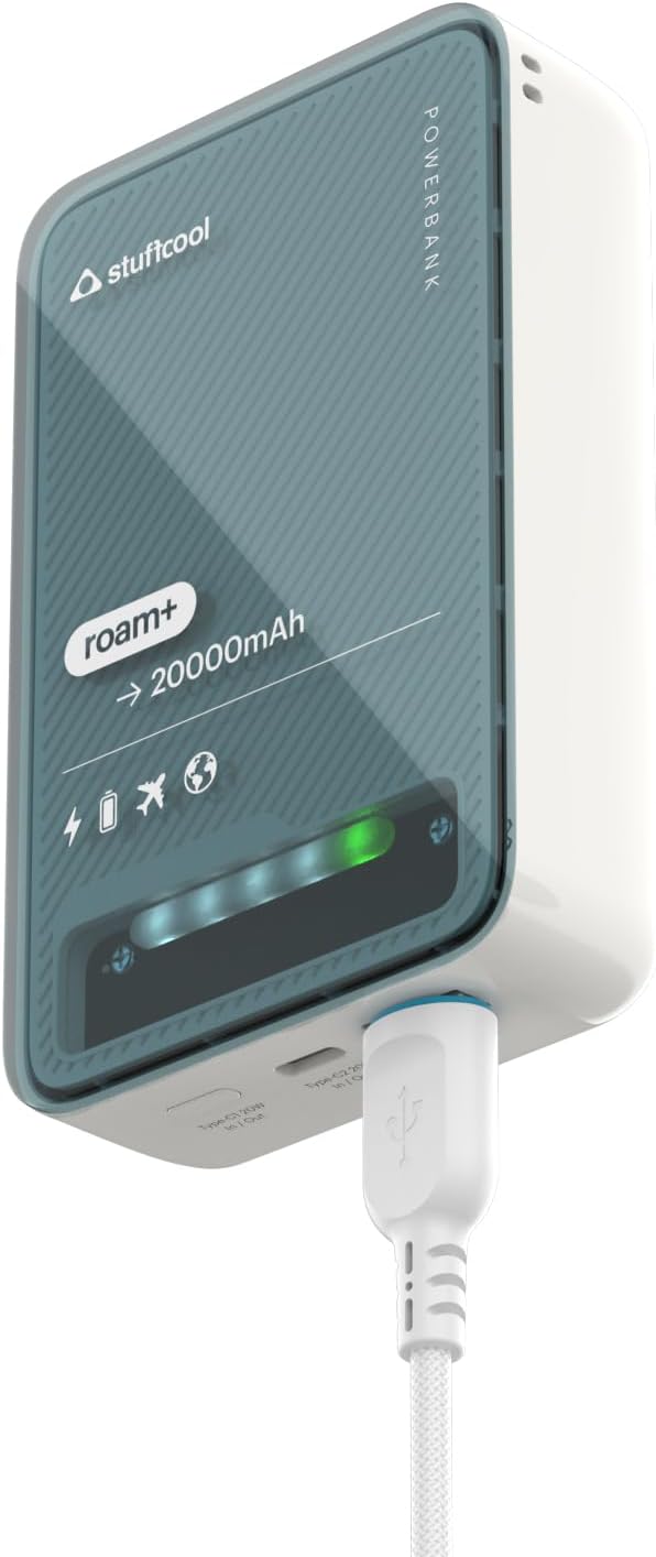 Stuffcool Roam+ 20000mAh Compact Powerbank with 20W Type C Output Charges iPhone 50% in 30 mins and 22.5 Fast Charging, Type A Port - Cool Transparent with Glossy Finish