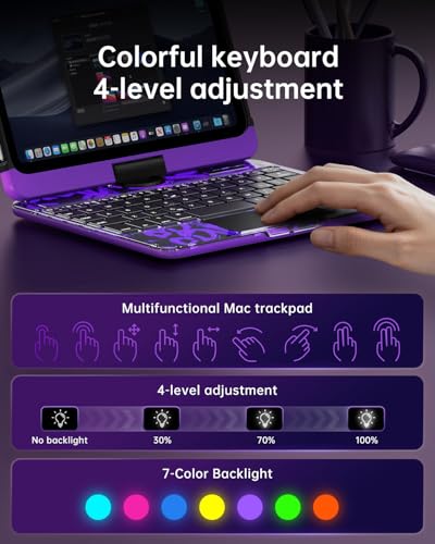 Image of Clear Keyboard Case for iPad Mini 7 A17 Pro(2024) & Mini 6 (2021) 8.3 inch, 7-Color Backlit Wireless Keyboard with Touchpad, 360 Rotating Stand, Pencil Holder for iPad mini 7th /6th Generation, Purple