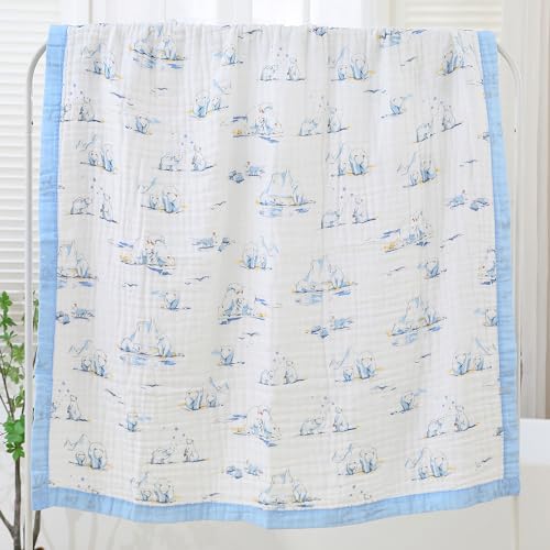 Image of Jay & Ava Baby Muslin Blankets 42' x 42', Soft Cotton Blanket for Toddler Boy, 4 Layers Bed Muslin Throw for Crib, Large Receiving Blanket - Blue Polar Bear