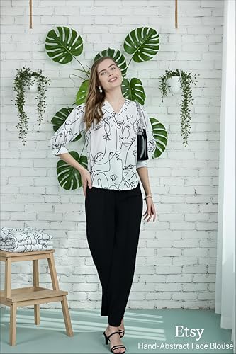 Image of Women Abstract Printed White V Neck Top, Three Quarter Sleeve, Regular Fit, Casual Office Wear
