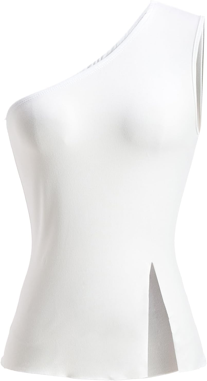 Women's Summer One Shoulder Tank Top Elegant Sleeveless Split Hem Asymmetrical Party Tops