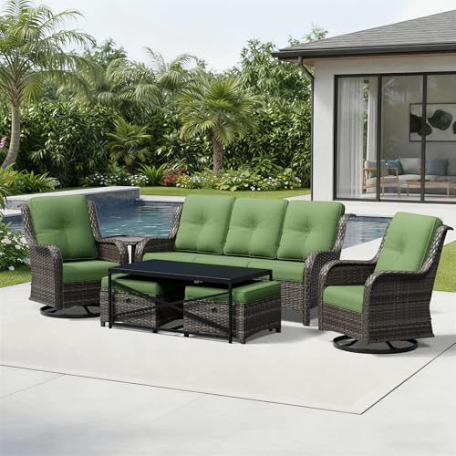 Image of Joyside 7 Piece Wicker Patio Furniture Set, Outdoor Swivel Rocker Patio Chairs with High Back, Deep Seating, Wide Armrest, Thickened Cushions, Outdoor Furniture for Deck, Porch Use