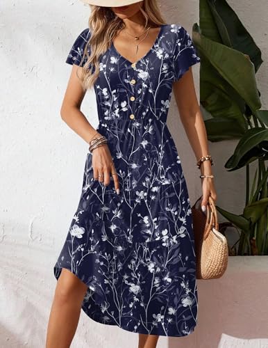 Image of Zeagoo Women's Summer Casual Dress Flutter Short Sleeve V Neck Button Down Tiered Flowy Long Dress with Pockets