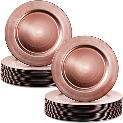 24 Pieces Charger Plates 13 inch Chef Round Plates Plastic Metallic Foil Plate Reusable Charger and Service Plate for Wedding Party Event Decorations (Rose Gold)