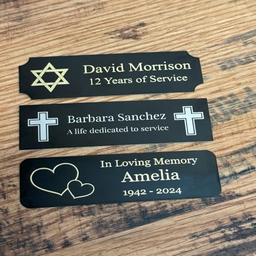 Image of Custom Engraved Name Plates with Adhesive, Made in The USA, Personalized Pet Urn, Memorial Plaque, Picture Frame, Art Tag, Flag case (Gold Plate /Black Text, 1x3 Inch)