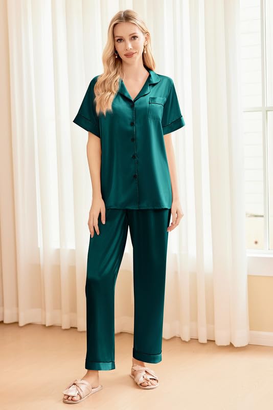 Image of Ekouaer Silk Pajamas for Women Set Satin Soft Short Sleeve Button Down Pjs | 3 Piece Loungewear,Comfy Sleepwear,Silky Smooth Fabric,Gift for wedding,Bridal Party,Coffee Time,Vacation
