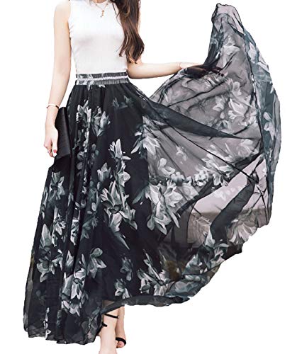 Sinono Women's Floral Maxi Chiffon Long Skirts Full Length Beach Skirt (Small, Black) #TOP8
