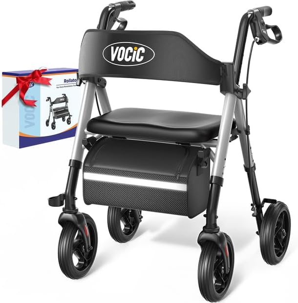 VOCIC Z21 Rollator Walkers for Seniors, Supports 350 lbs, 8" All-Terrain Wheels, Ergonomic Seat & Dual Height Adjustment Lightweight Walker for Seniors 2026, Sleek Silver