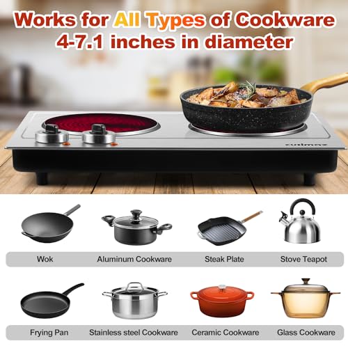 Hot Plate,Cusimax Dual Infrared Burner, Electric Ceramic Glass Stove,Adjustable Temperature Control,Stainless Steel,Compatible of all Cookware,Easy Clean for Home, Dorm, Office - Image 6