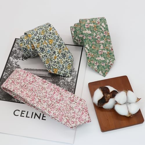 Image of Luckyvestir Ties for Men, Sage Green Cotton Floral Tie 2.76 inch Flower Printed Men's Neckties for Wedding /Groomsmen /Suit /Party