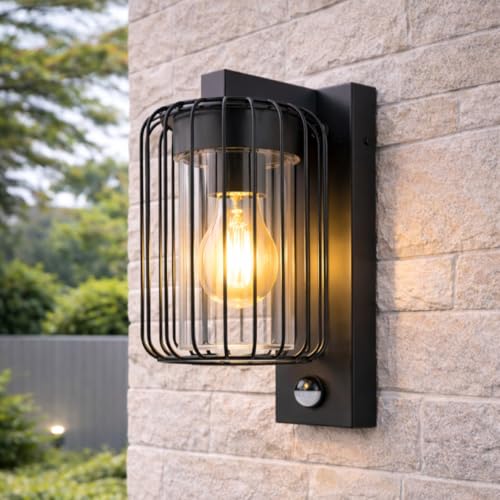 Image of CGC Lighting Outdoor Outside Wall Light Black Modern, E27 Bulb, Mains Powered, Garden, Porch, Patio (Black Cage PIR)