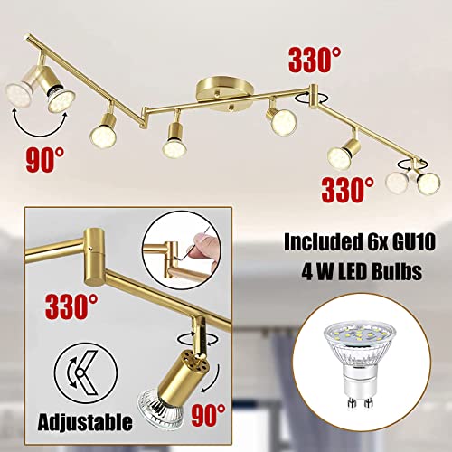 Jqire 6-Light Led Track Lighting Kit,Golden Finish 6 Way Ceiling Spotlight,Rotatable Light Heads,Modern Foldable Track Light Fixtures,Included 6 X Led Gu10 Bulb (4W, Daylight White 5000K,400Lm) #TOP2