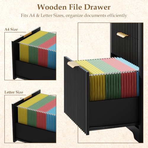 Image of Halitaa 3 Drawers File Cbinet, Fluted Wood Lateral Filing Cabinet, Black