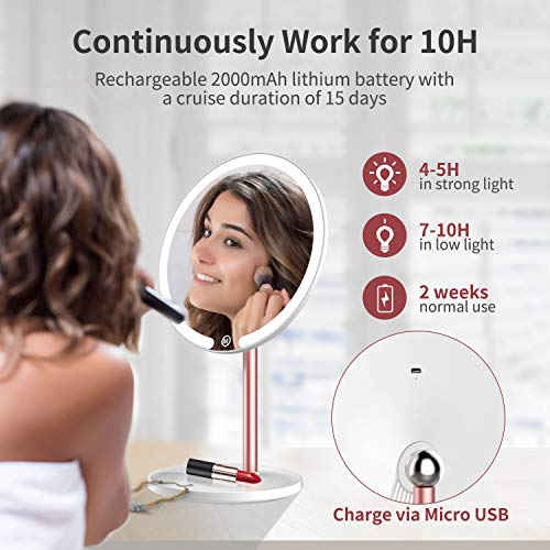 Kostlich Lighted Makeup Mirror, Rechargeable Led Vanity Mirror With 10X Magnification Mini Mirror, Touch Sensor, 3 Color Lights Dimamable, 360 Degree Rotation, Detachable Portable Tabletop Mirrors #TOP2