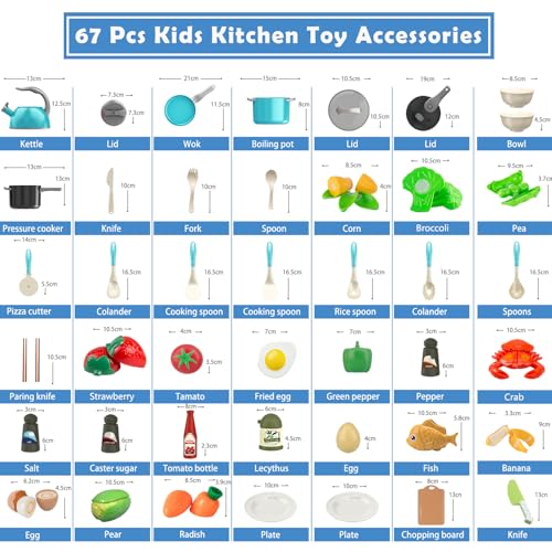 Bruvoalon 67Pcs Kids Play Kitchen Toys Set, Toddlers Pretend Cooking Playset Acccessories with Pots Pans, Utensils Cookware, Foods, Canned Veges, Learning Gift for Kids Girls Boys (Turquoise) - Thumbnail 3