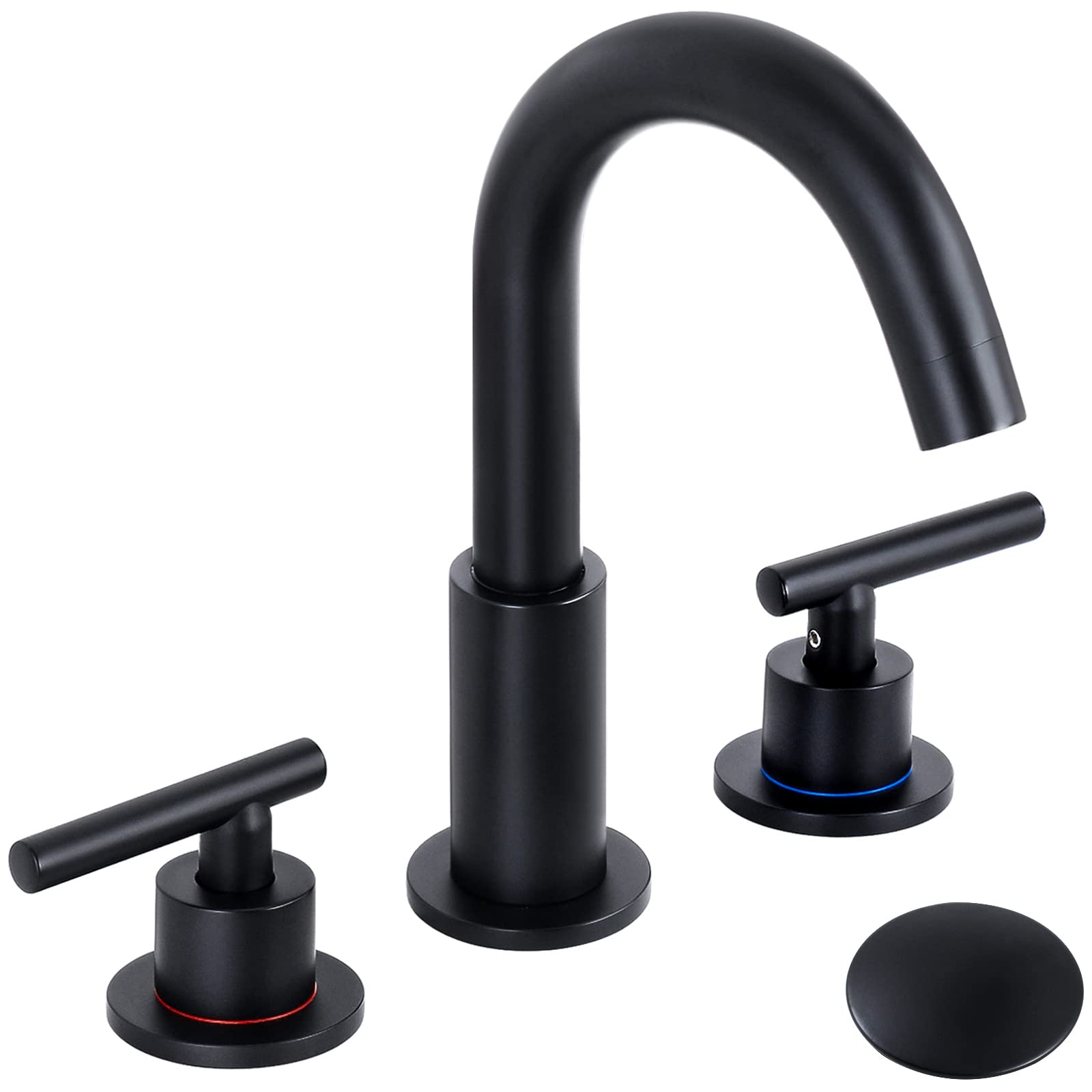 QomolangmaBlack Bathroom Faucets for Sink 3 Hole, 8 inch Widespread Bathroom Faucet, 2-Handle Bathroom Sink Faucet, 360° Swivel Spout Lavatory Sink Faucet with Water Supply Lines & Pop Up Drain