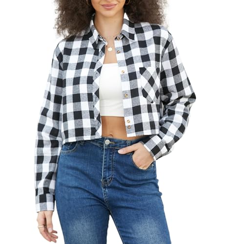 SANGTREE Womens Crop Plaid Shirts Long Sleeve Button Down Cropped Top Blouse Black White Plaid, Small