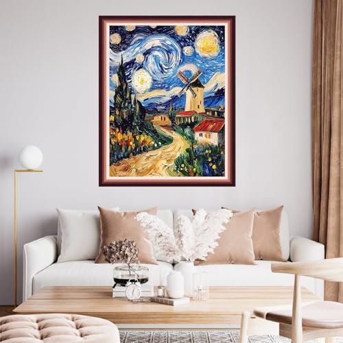 Image of Fanxvivy Stamped Cross Stitch Kits for Beginners Full Range of Cross Stitching Preprinted Embroidery Kits for Adults, 11CT Embroidery Pattern Needlepoint Kits-Van Gogh Starry Sky Windmill 16x20 inch