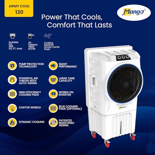 Image of Mango Army Cool 120 Commercial Desert Air Cooler | 120L Tank | 4800 m /hr Air Delivery | Honeycomb Pads | Auto Swing | Remote Control | For Areas up to 565 Sq Ft