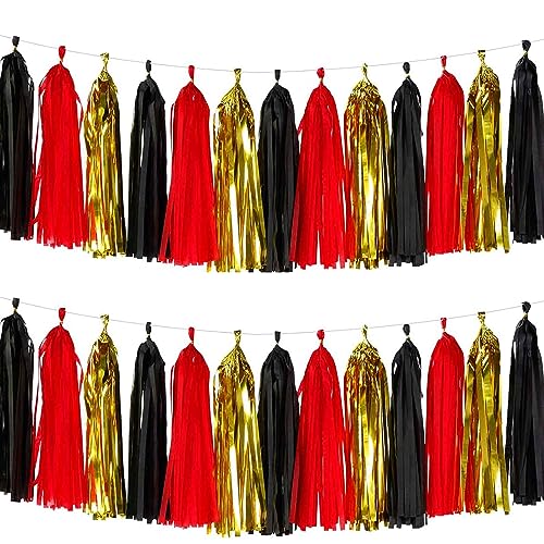 We Moment Black Red Gold Tissue Paper Tassels Party Tassel Garland Banner for Party Decorations, DIY Kits,15PCS