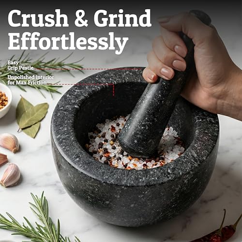 Priority Chef Heavy Duty Large 1.5 Cup Mortar and Pestle Set, 100% Natural Granite, 5.5 Inch Diameter Bowl, 6.2 Inch Pestle, Non-Slip Base, Stone Grinder for Guacamole Salsa Pesto Herbs Spices, Black