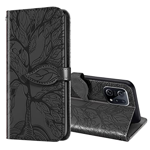 ONETHEFUL OPPO Find X5 Pro Funda Cartera Carcasa Accesorios Flip Cover Árbol de la Vida Delgada Libro Case Fundas Protectoras de Piel Sintética Negro Cover