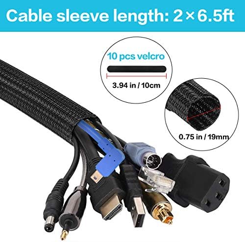 Cable Management Sleeve 13ft Cable Sleeve Adjustable Braided with 10Pcs Cable Ties, Cord Organizer Prevent Pet from Chewing Cord, Wire Tidy Wrap for PC TV Office Home Theater Car( 0.75'') Black